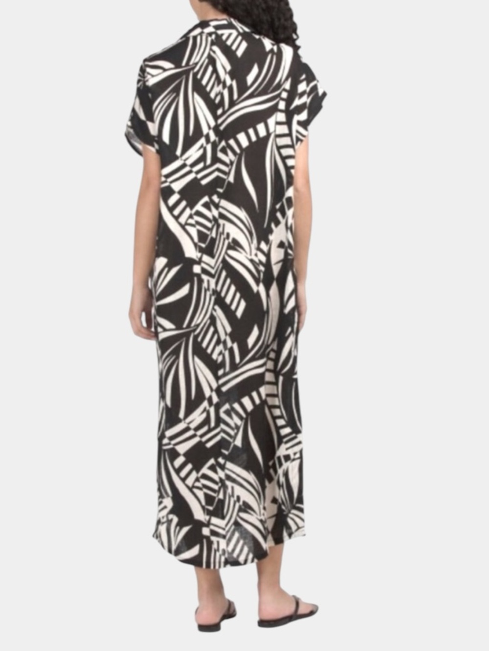 Tahari Linen Blend Kaftan Maxi Dress Black Off-White Geo Leaf Print • Size L - Picture 2 of 12